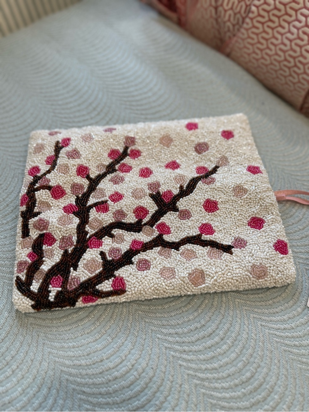 Beaded Floral Branch Wristlet Clutch in Cream and Pink